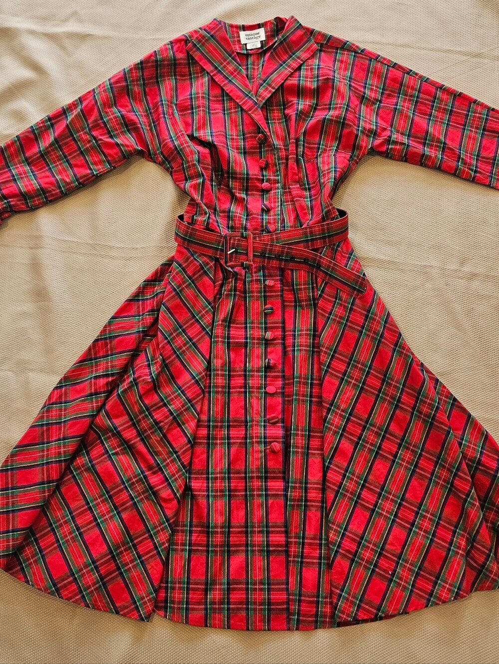 Unique Vintage Red Tartan Plaid Shirtwaist Swing Dress Belted 1950 Style L 10-12